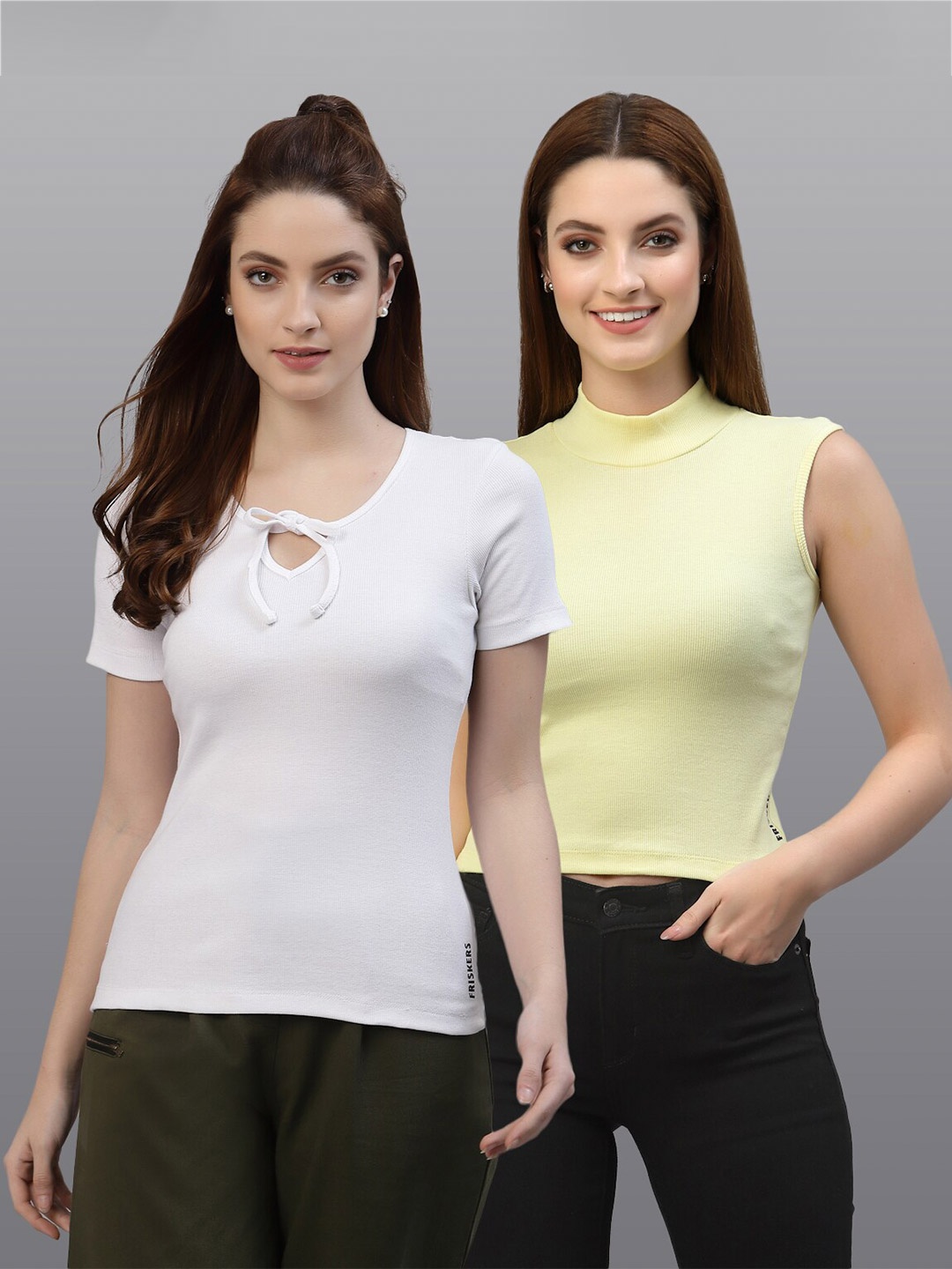 

Friskers Pack of 2 Women White & Yellow Solid Keyhole Neck Top