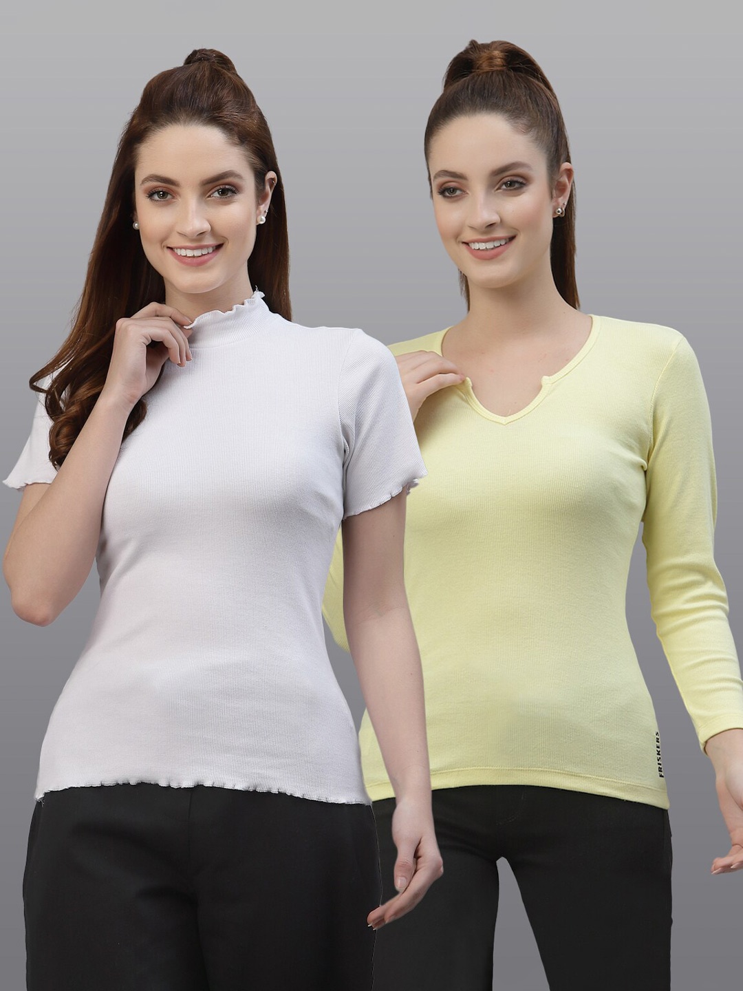 

Friskers Pack of 2 Women White & Yellow Solid High Neck Top