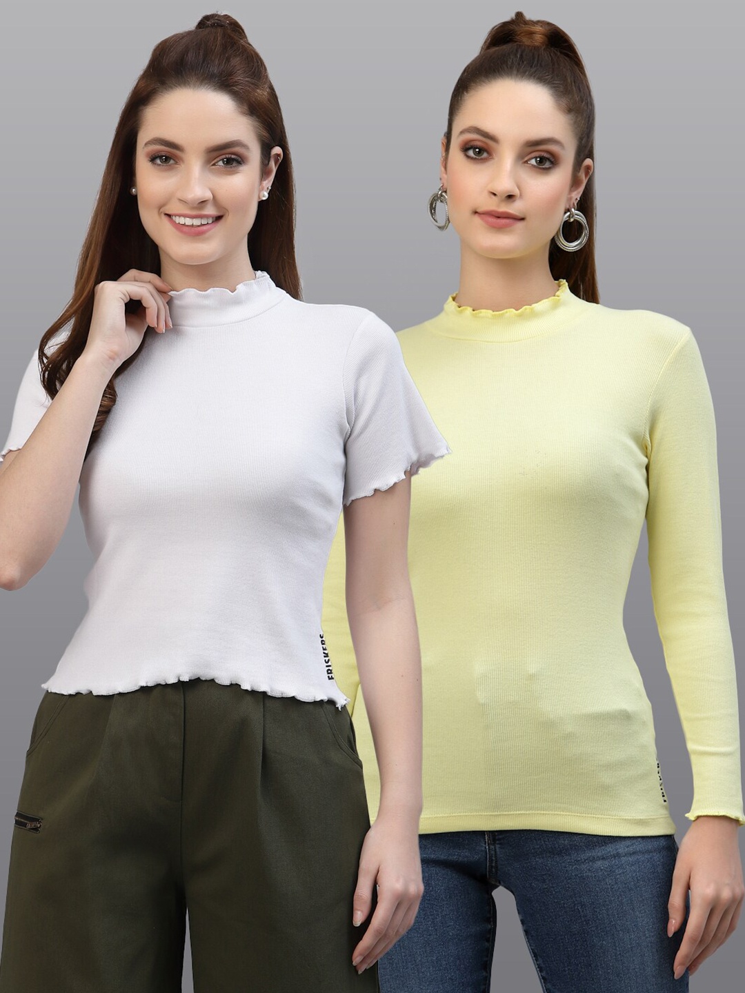 

Friskers Pack Of 2 White & Yellow Solid Fitted Tops