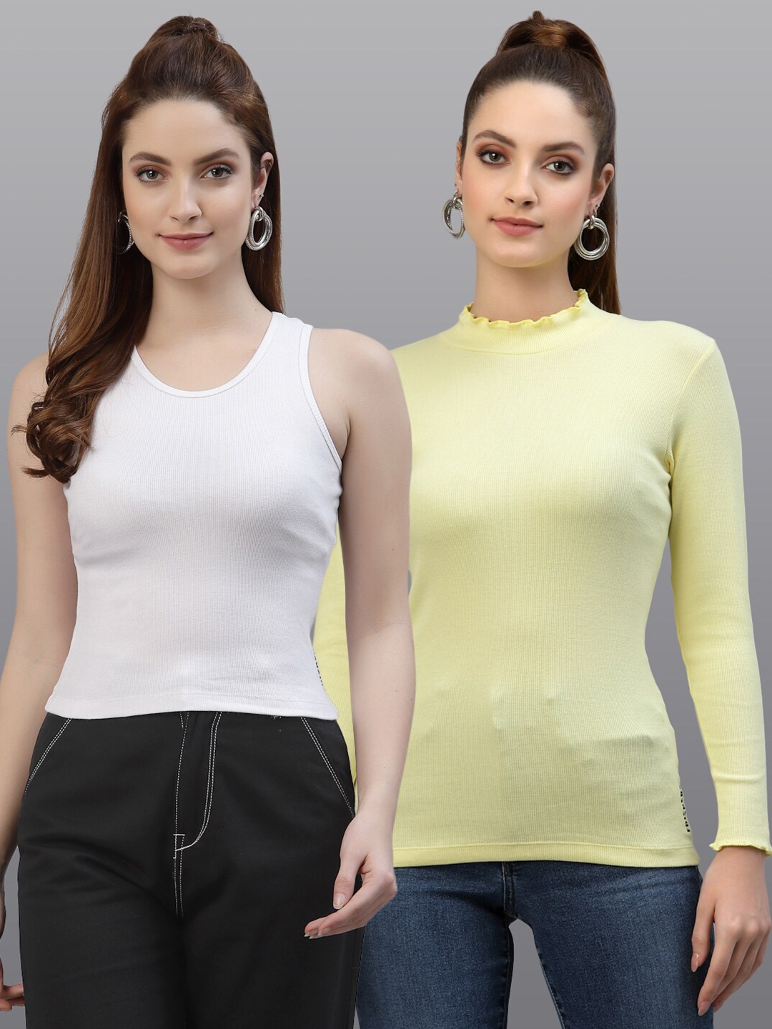 

Friskers Pack Of 2 White & Yellow Solid Fitted Top