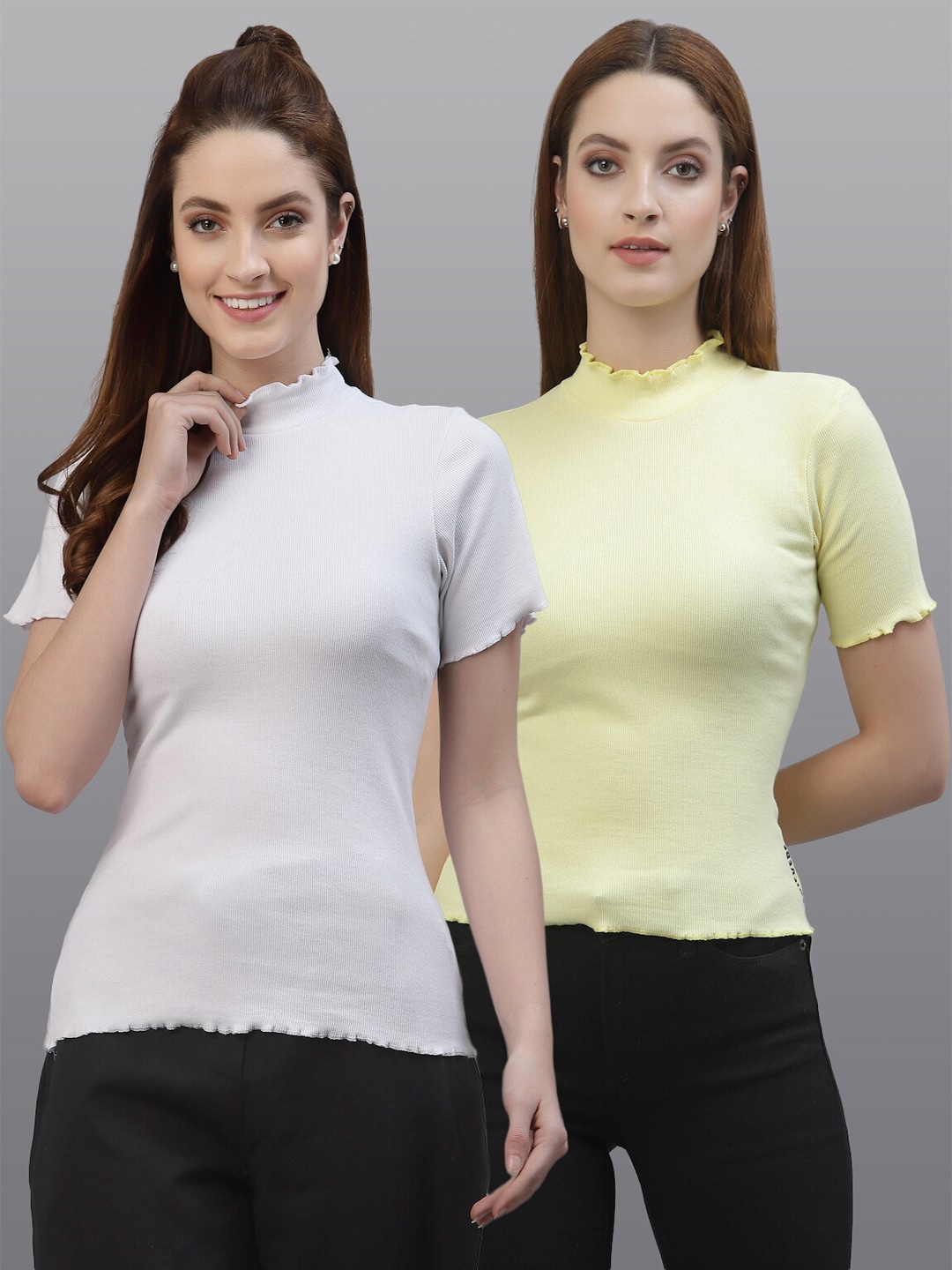 

Friskers Pack Of 2 White & Yellow Solid Fitted Tops