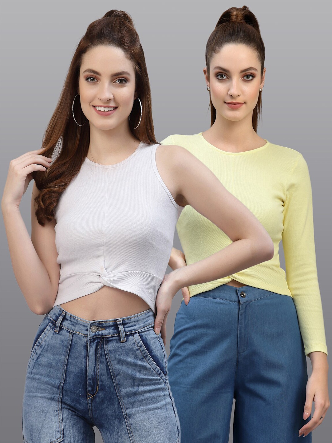 

Friskers Pack of 2 Women White & Yellow Solid Twisted Crop Top
