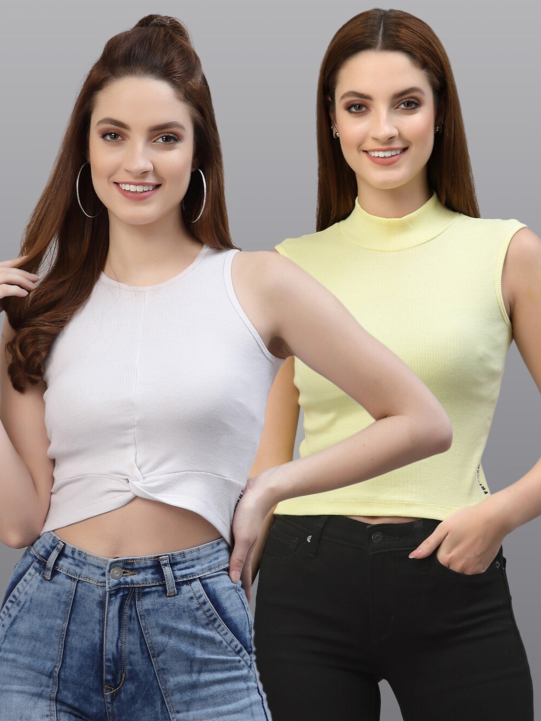 

Friskers Set Of 2 White & Yellow Crop Top