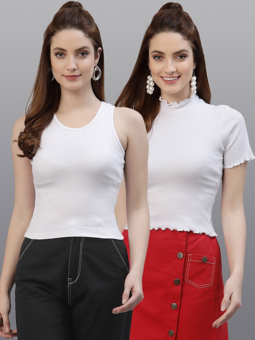 

Friskers Pack Of 2 Women White Solid Cotton High Neck Fitted Tops