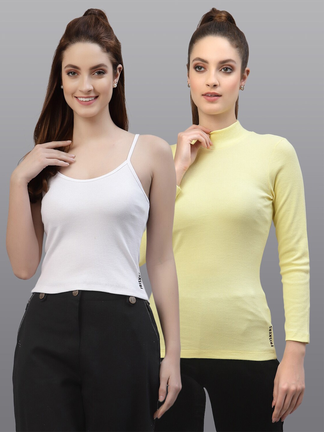 

Friskers Pack of 2 Women White & Yellow Solid Crop Top