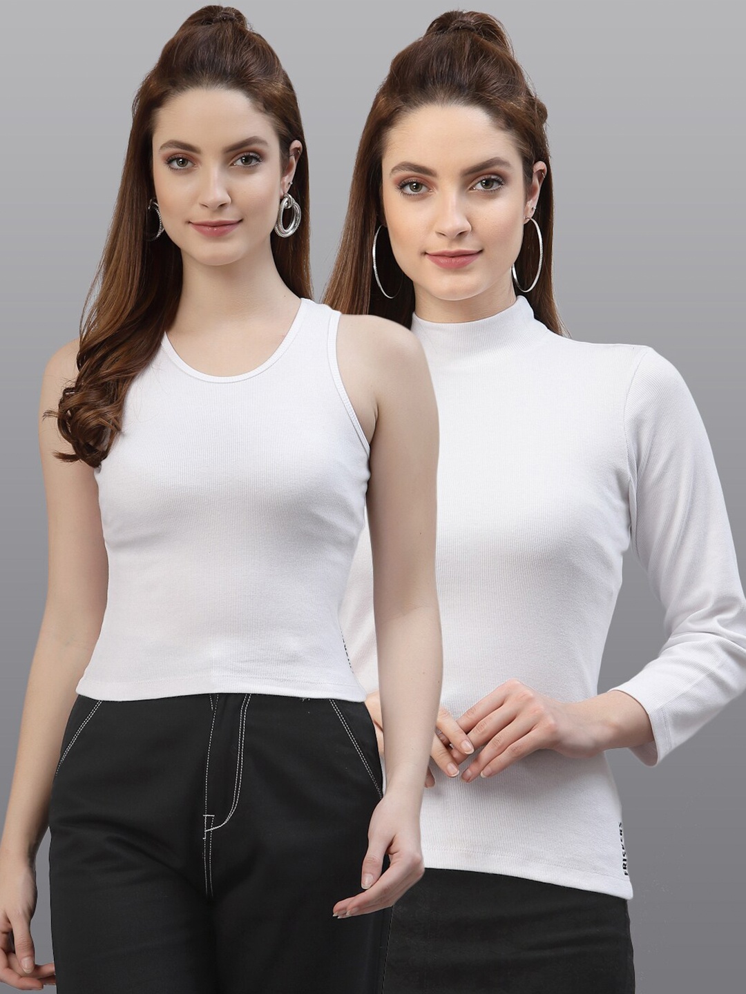 

Friskers Pack Of 2 White Solid Fitted Tops