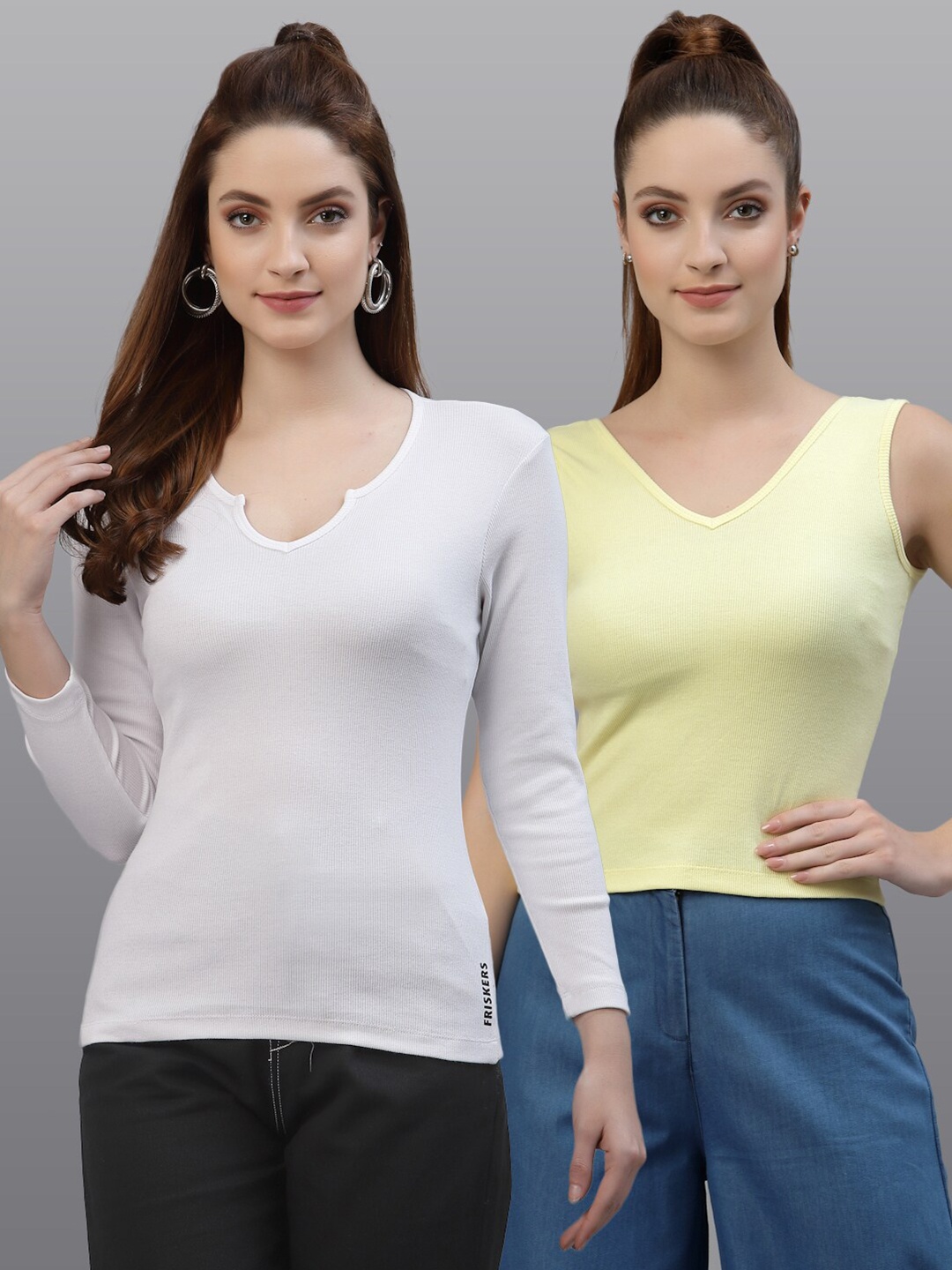 

Friskers Pack Of 2 White & Yellow Solid Fitted Tops
