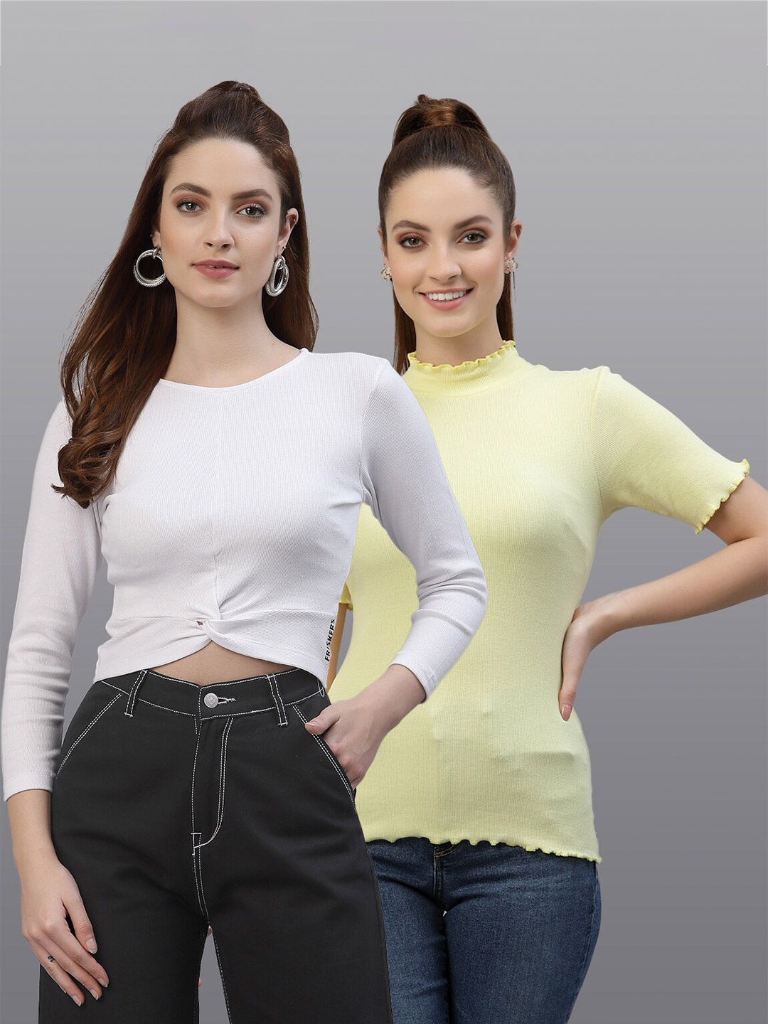 

Friskers Pack of 2 Women White & Yellow Solid Twisted Crop Top