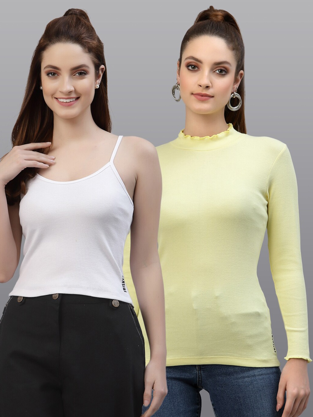 

Friskers Pack of 2 Women White & Yellow Solid Crop Top