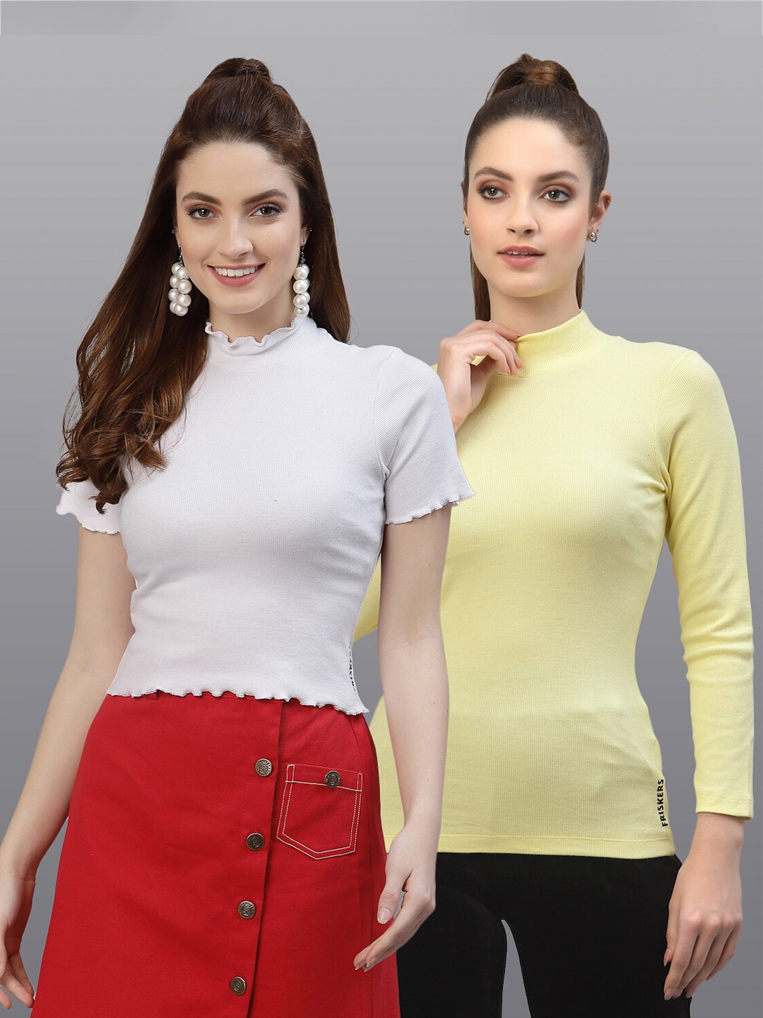 

Friskers Pack of 2 Women White & Yellow Solid High Neck Top
