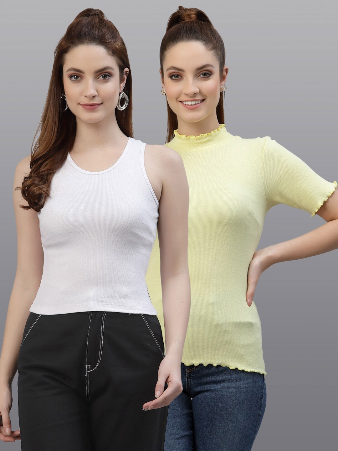 

Friskers Pack Of 2 White & Yellow Solid Fitted Tops