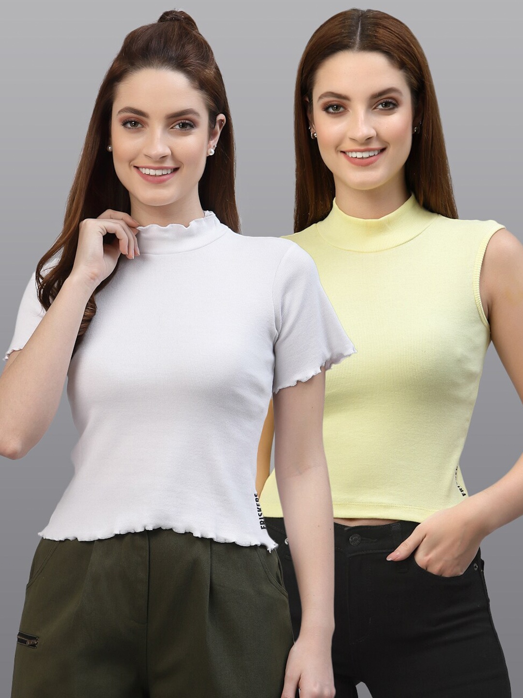 

Friskers Pack Of 2 White & Yellow Solid High Neck Fitted Tops