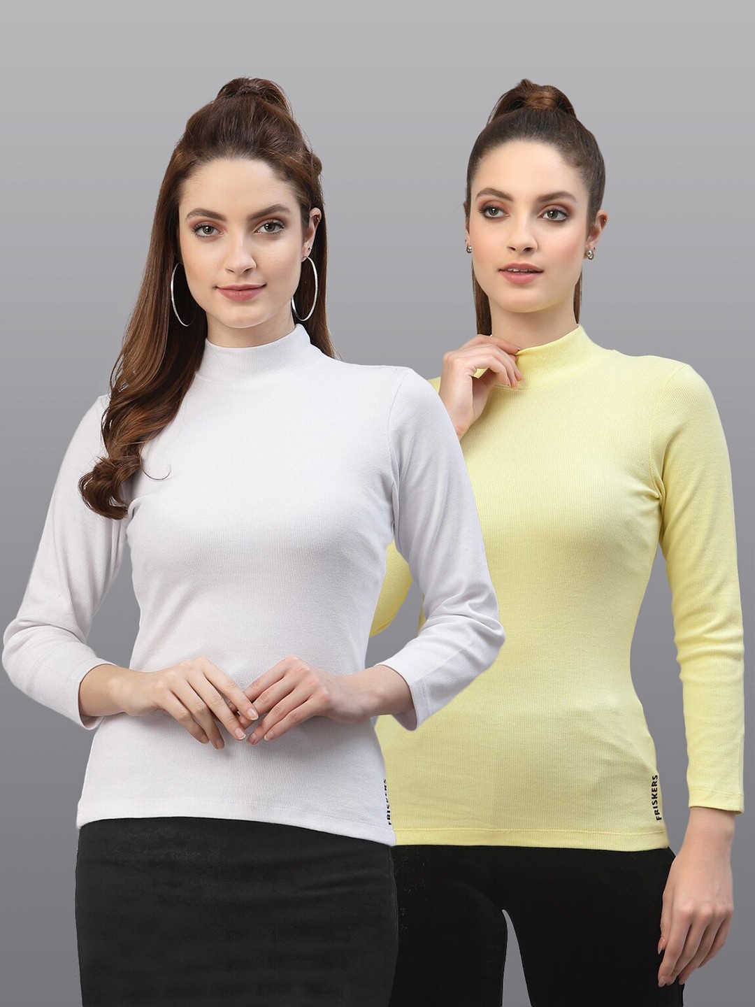 

Friskers Pack Of 2 White & Yellow Solid Fitted Tops
