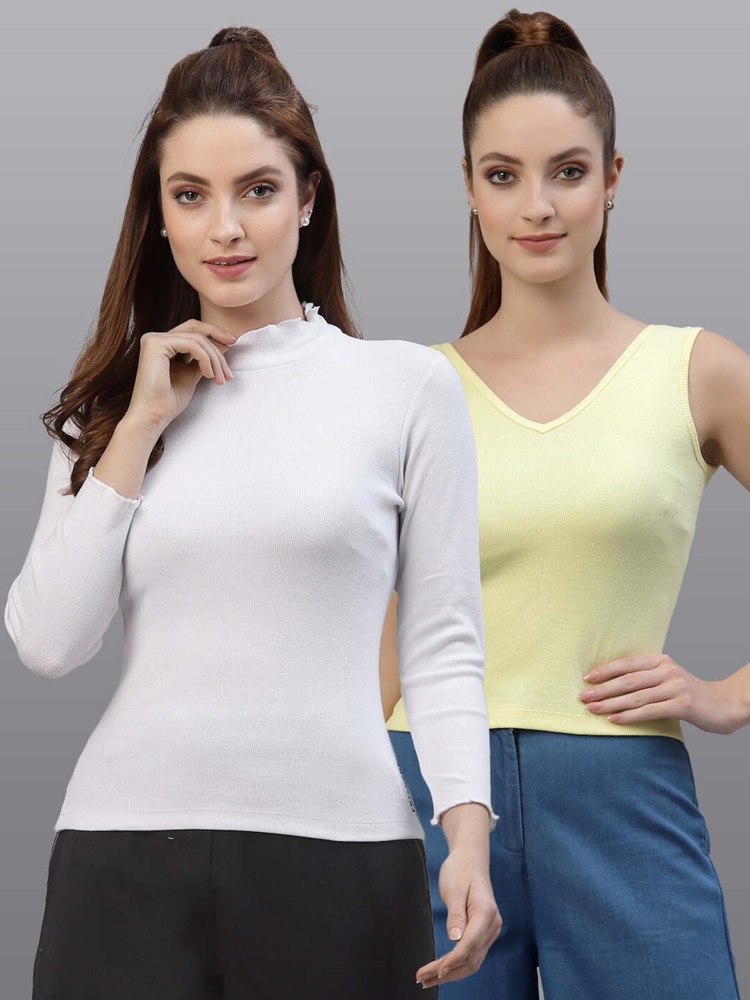 

Friskers Pack of 2 Women White & Yellow Solid V-Neck Top