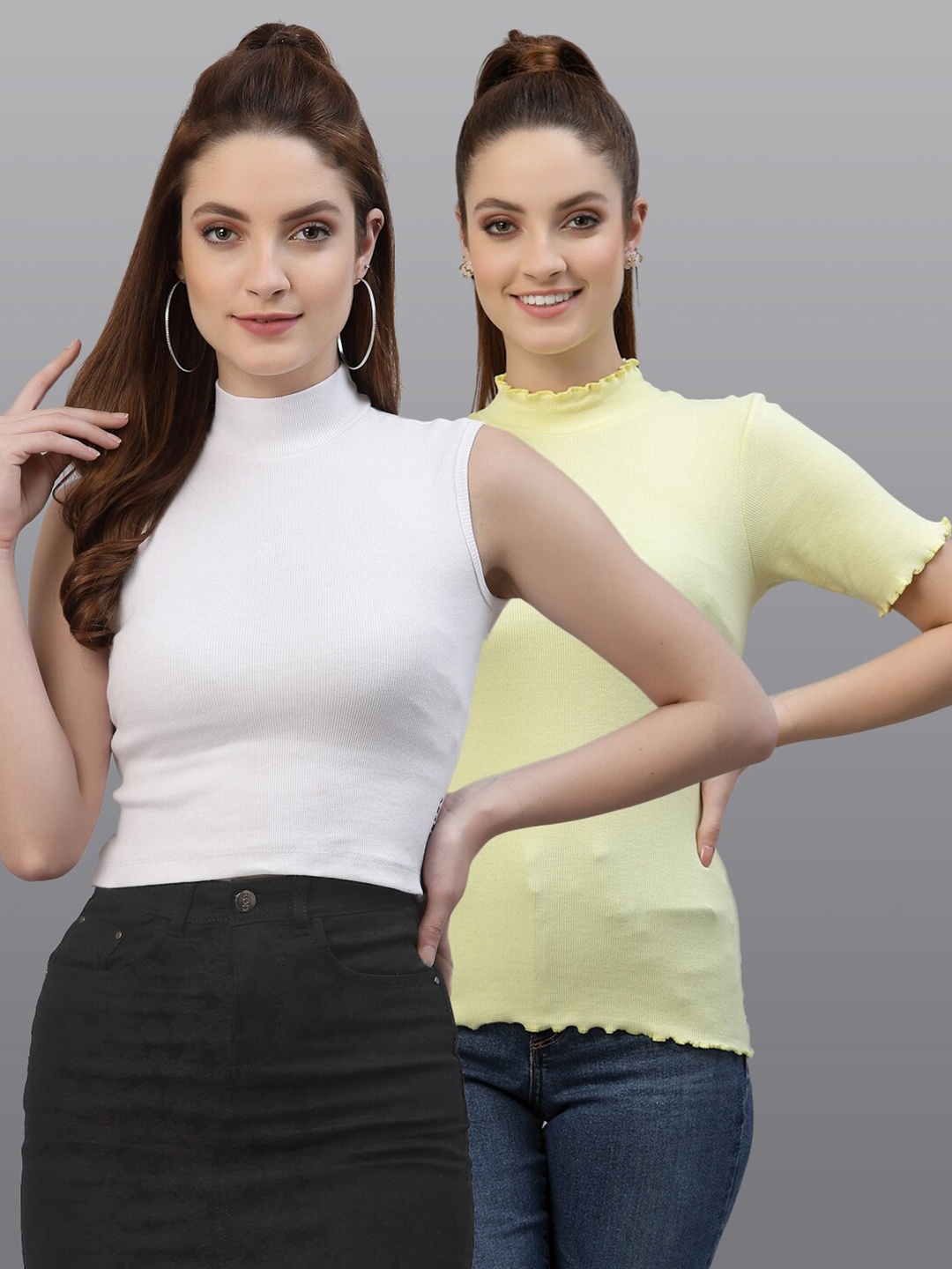 

Friskers Pack of 2 Women White & Yellow Solid High Neck Top