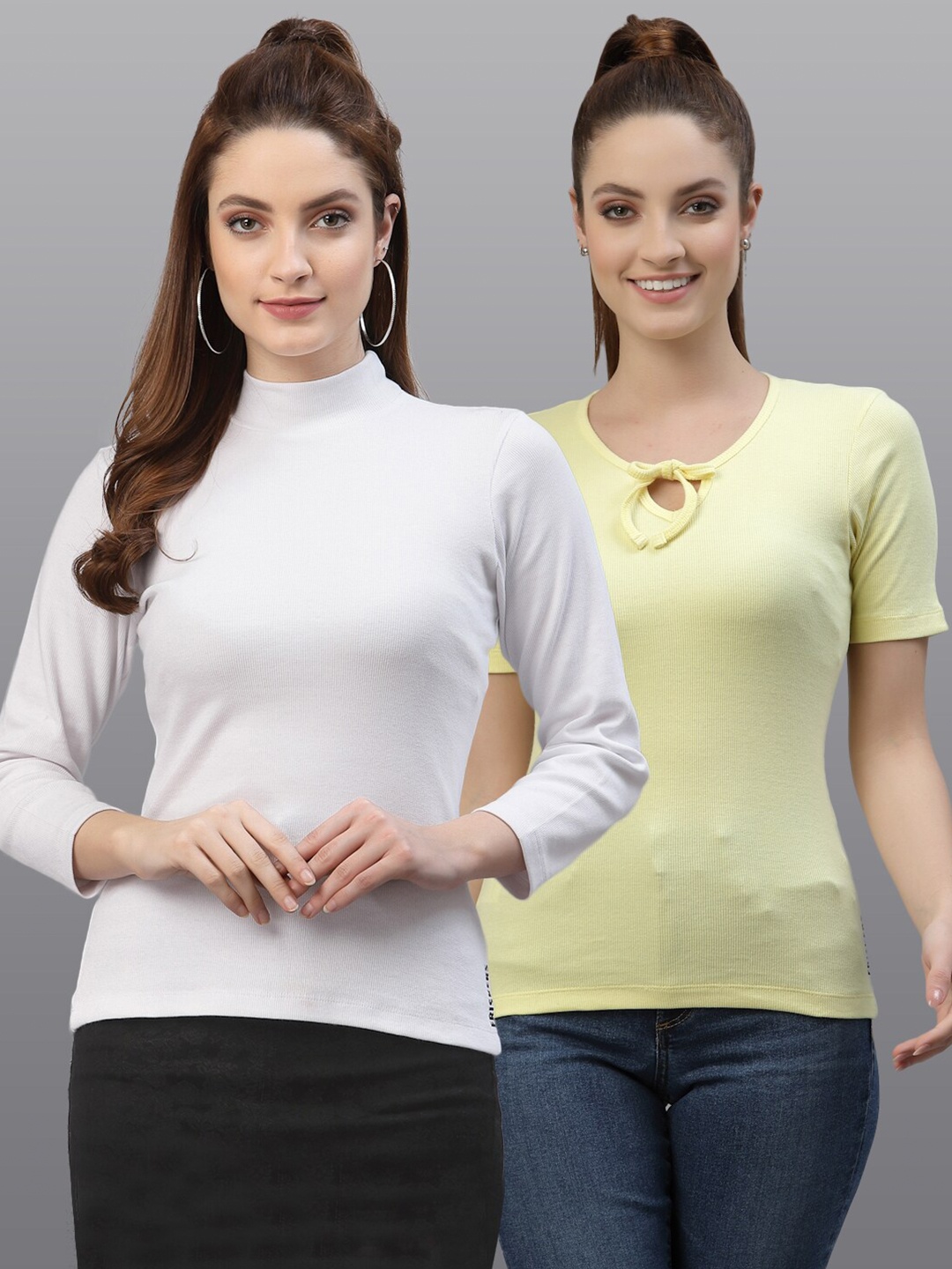 

Friskers Pack of 2 Women White & Yellow Solid High Neck Top