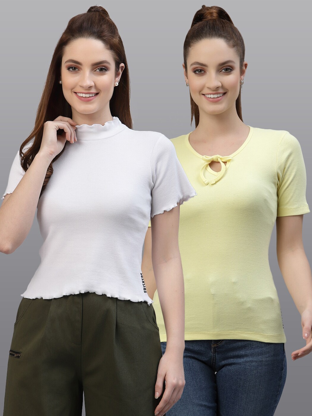 

Friskers Pack of 2 White & Yellow Solid Cotton Rib Top