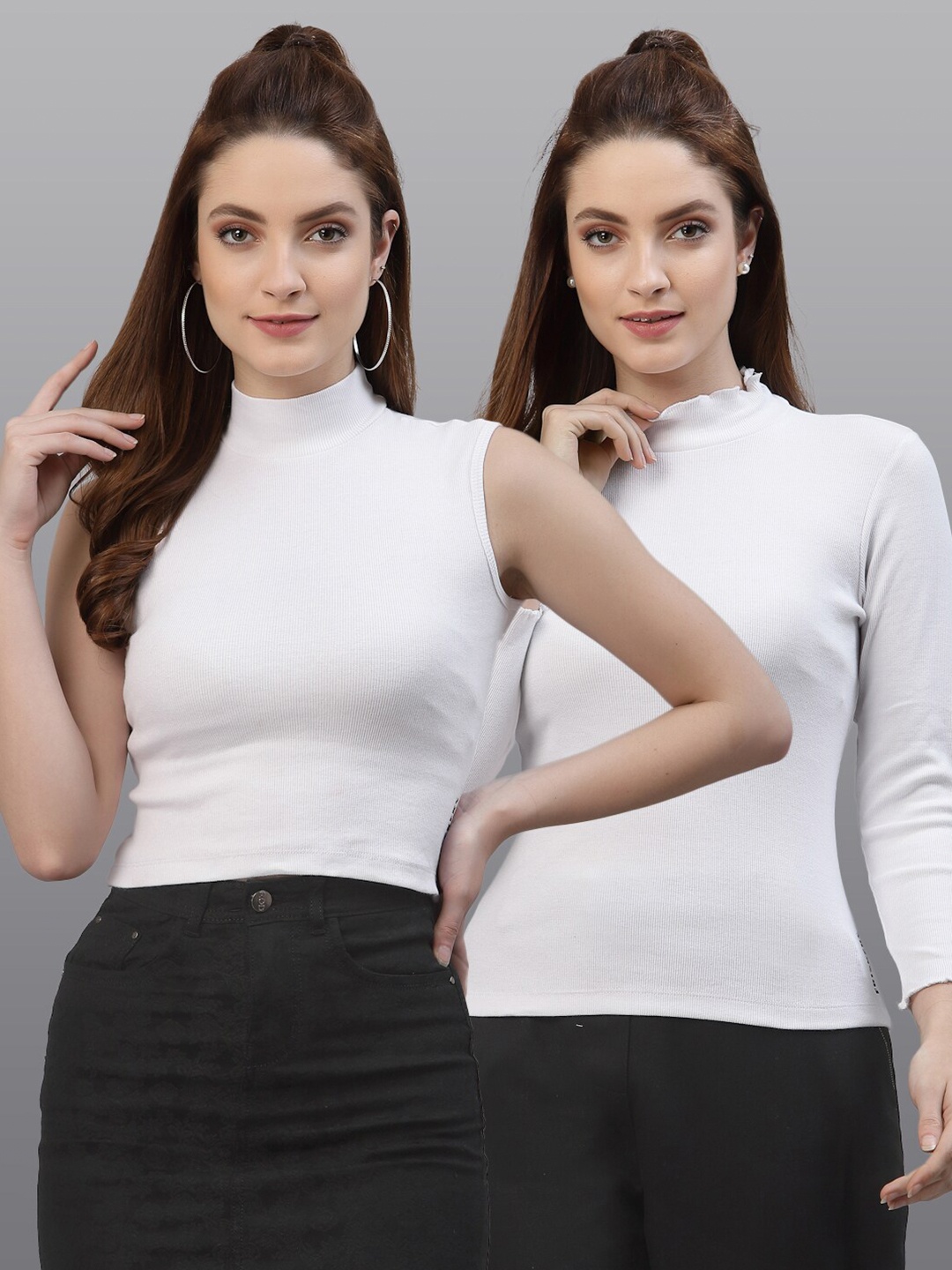 

Friskers Pack Of 2 White Solid High Neck Fitted Tops