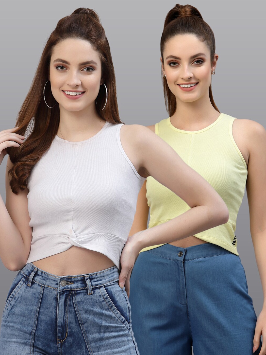 

Friskers Pack of 2 Women White & Yellow Solid Crop Top