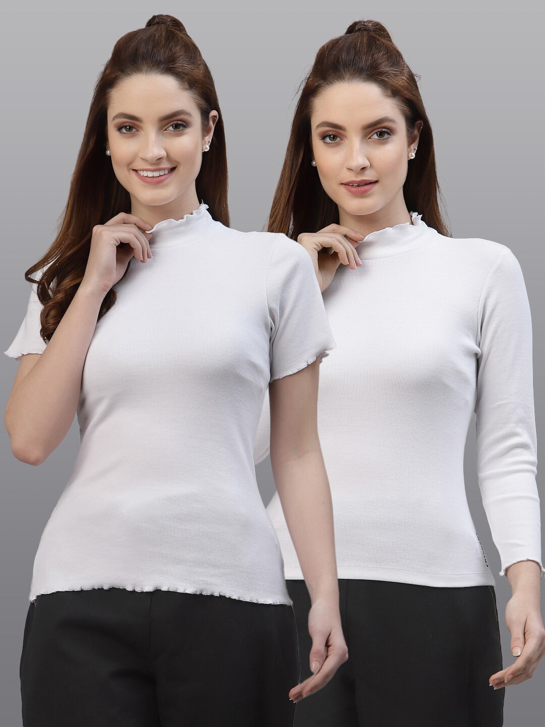 

Friskers Pack Of 2 Women White Solid Cotton High Neck Fitted Tops