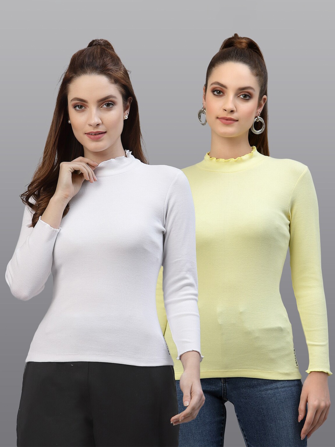 

Friskers White & Yellow Pack of 2 Solid Turtle Neck Fitted Top