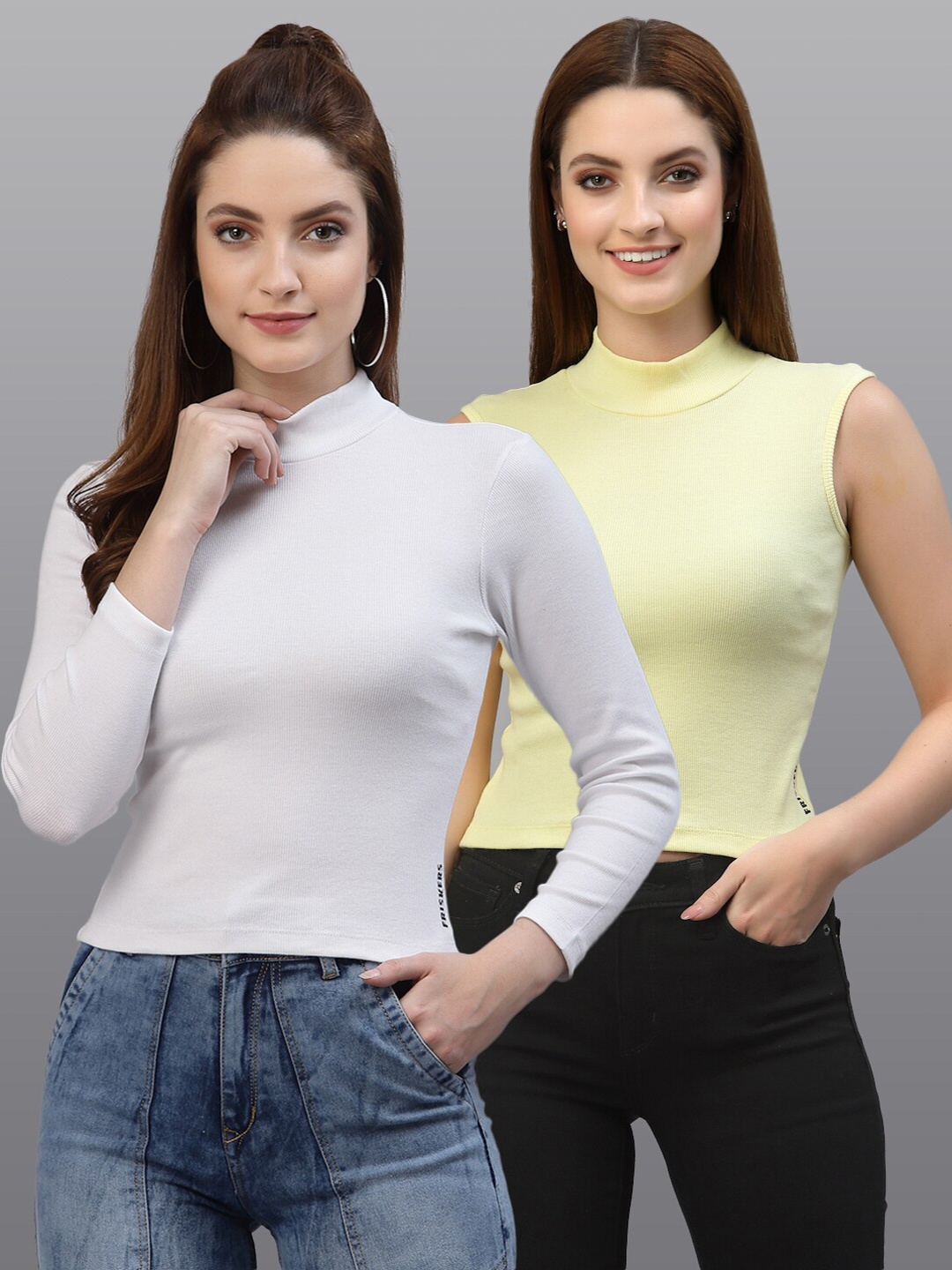 

Friskers Pack of 2 Women White & Yellow Solid High Neck Top