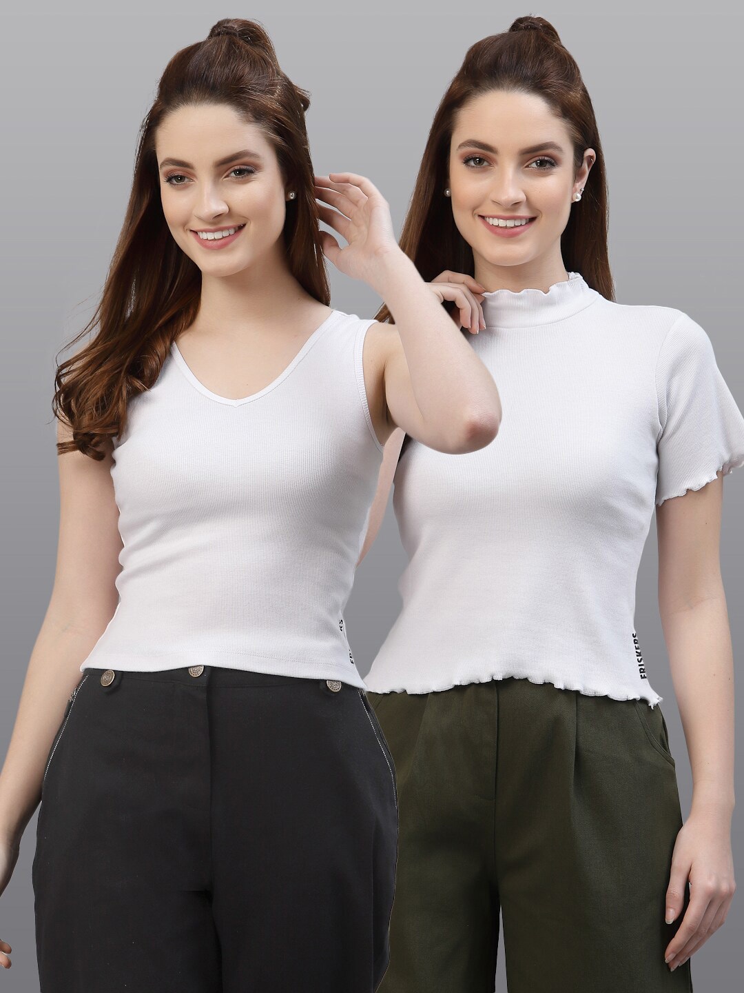 

Friskers Pack Of 2 White Solid V-Neck Fitted Tops