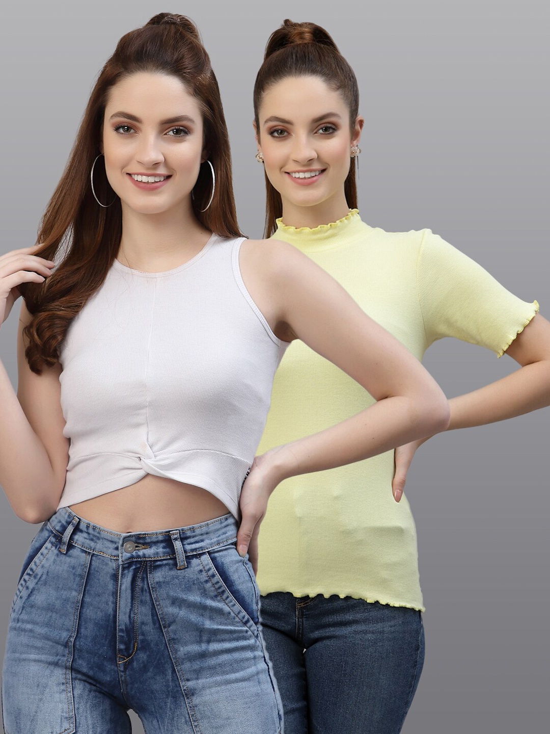 

Friskers Pack Of 2 White & Yellow Solid Fitted Tops