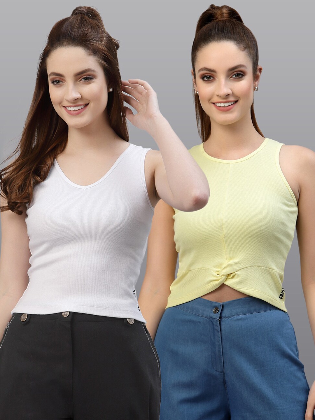 

Friskers White & Yellow Pack of 2 Solid Crop Fitted Top