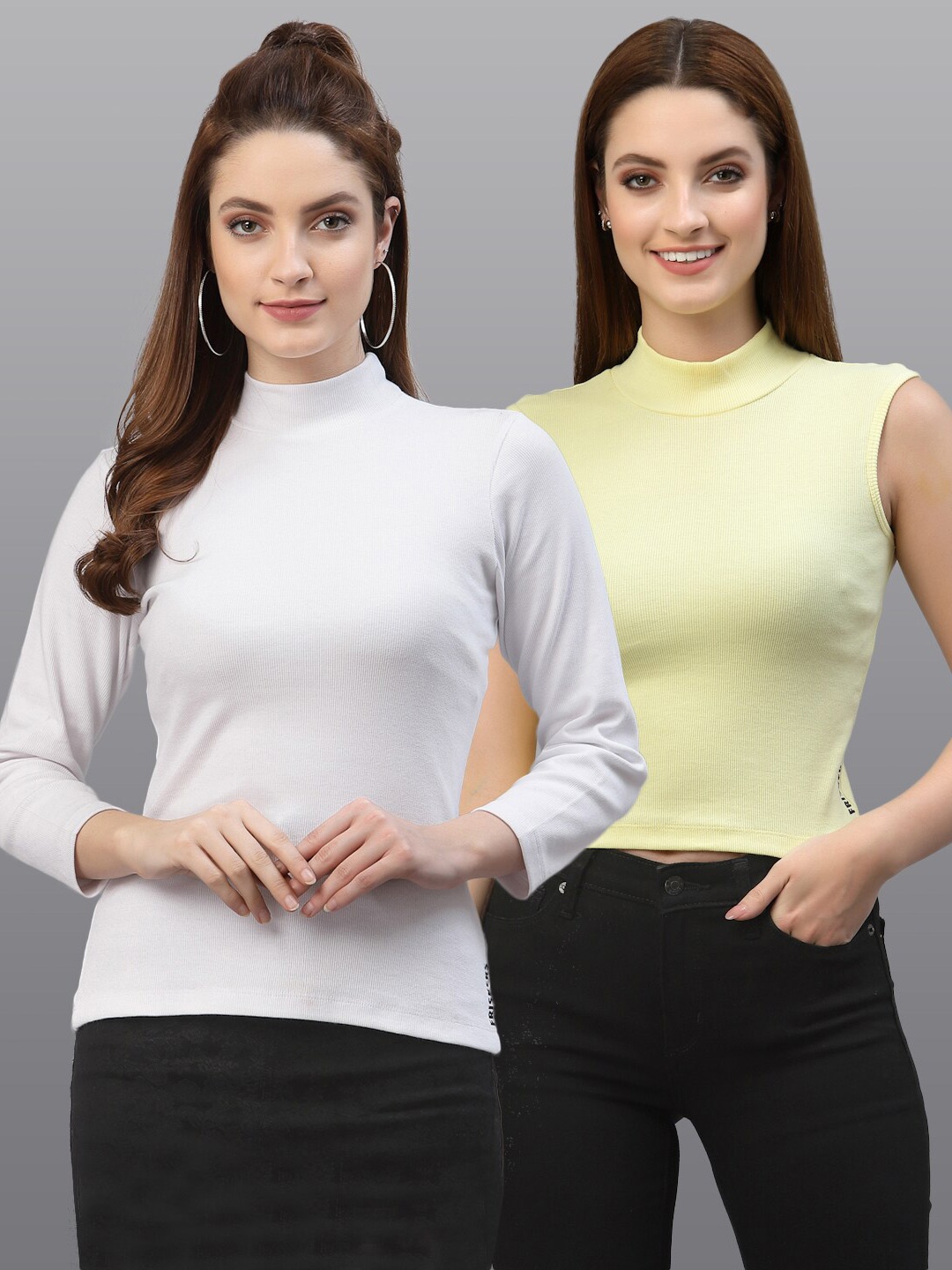 

Friskers White & Yellow Pack of 2 Solid Turtle Neck Fitted Top