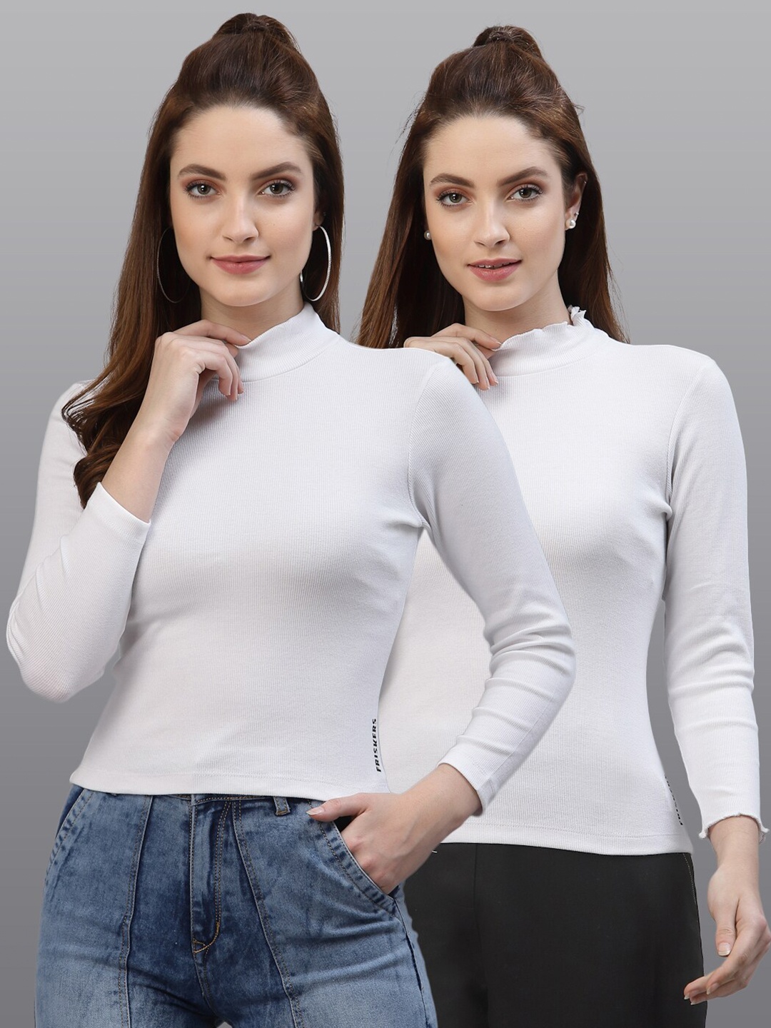 

Friskers Pack Of 2 Women White Solid High Neck Fitted Tops