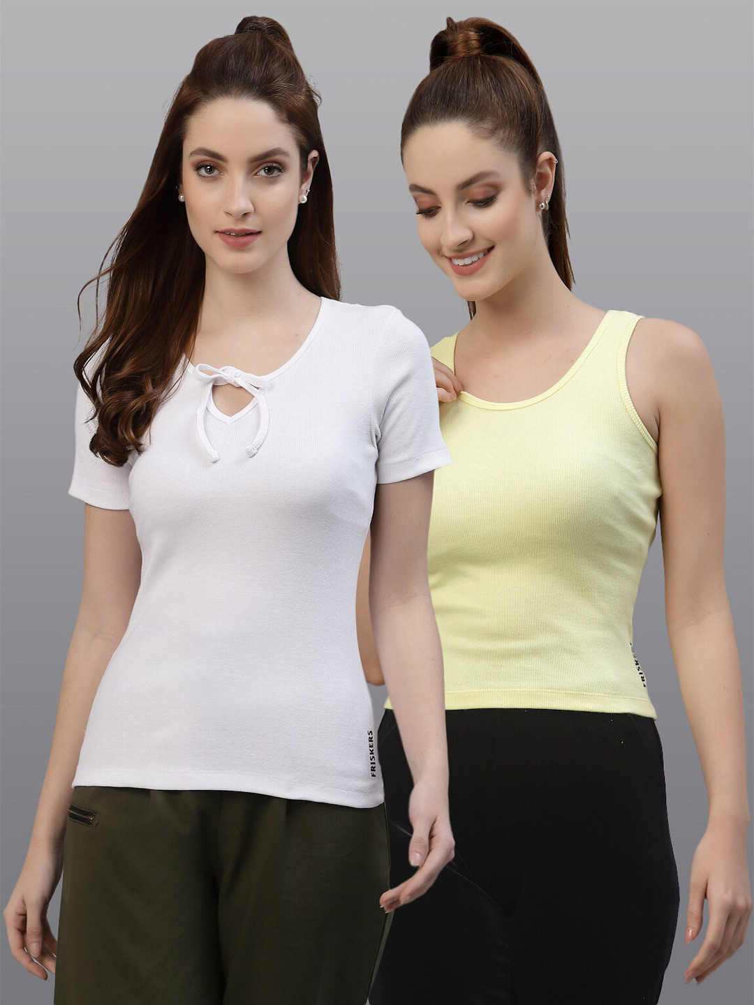 

Friskers Women White & Yellow Pack of 2 Solid Tops