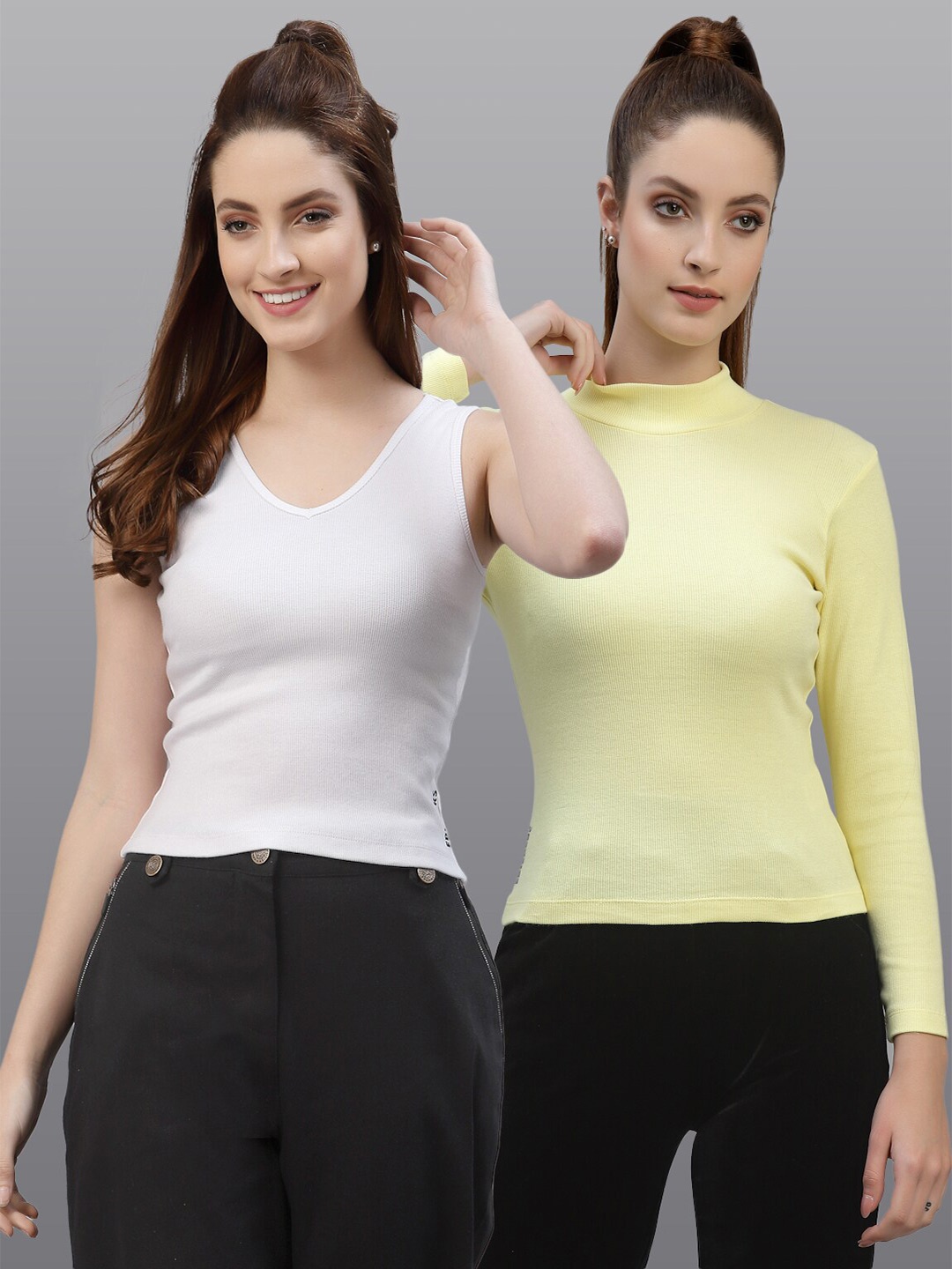 

Friskers Pack Of 2 White & Yellow Solid Fitted Tops
