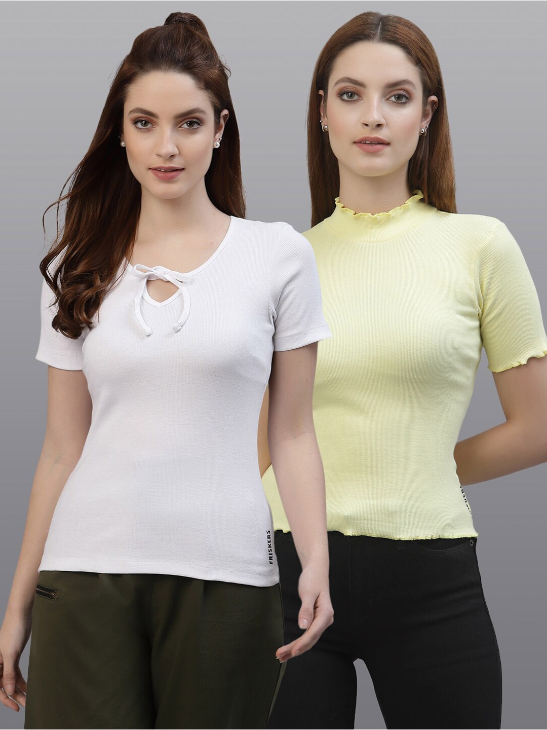 

Friskers White & Yellow Pack of 2 Solid Turtle Neck and Tie-Up Neck Top