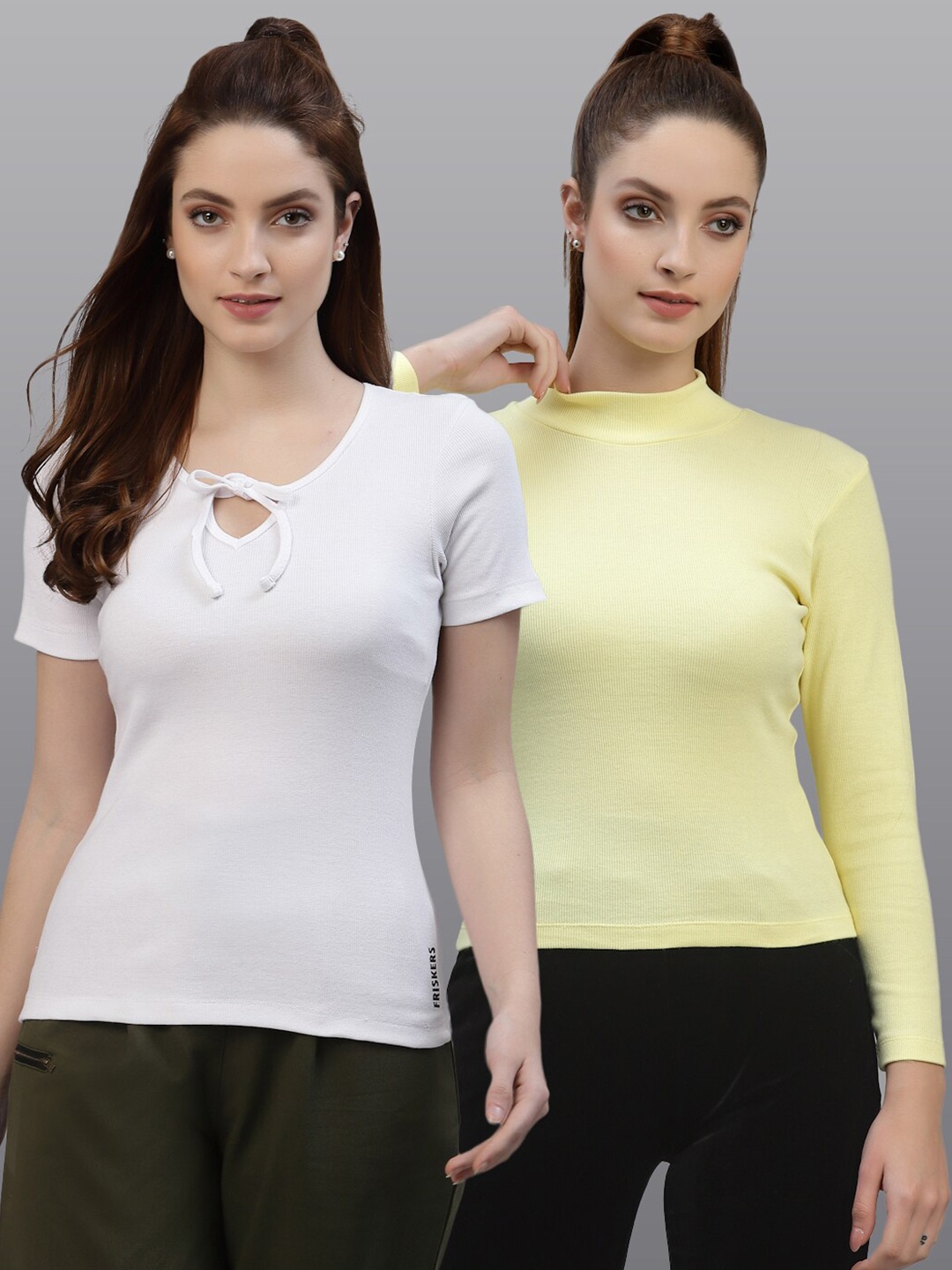 

Friskers Pack of 2 Women White & Yellow Keyhole Neck Top