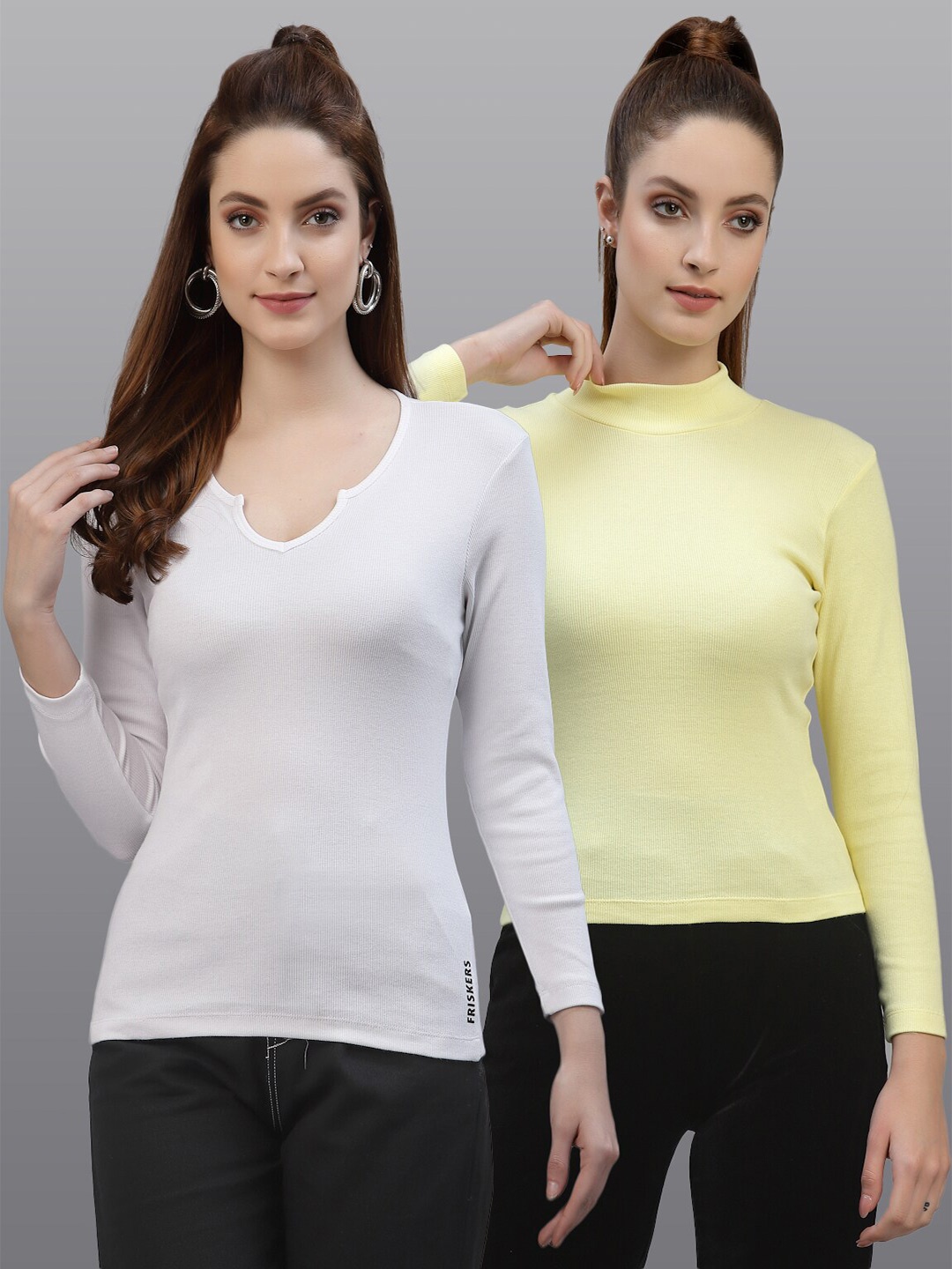 

Friskers Pack of 2 Women White & Yellow Solid Top