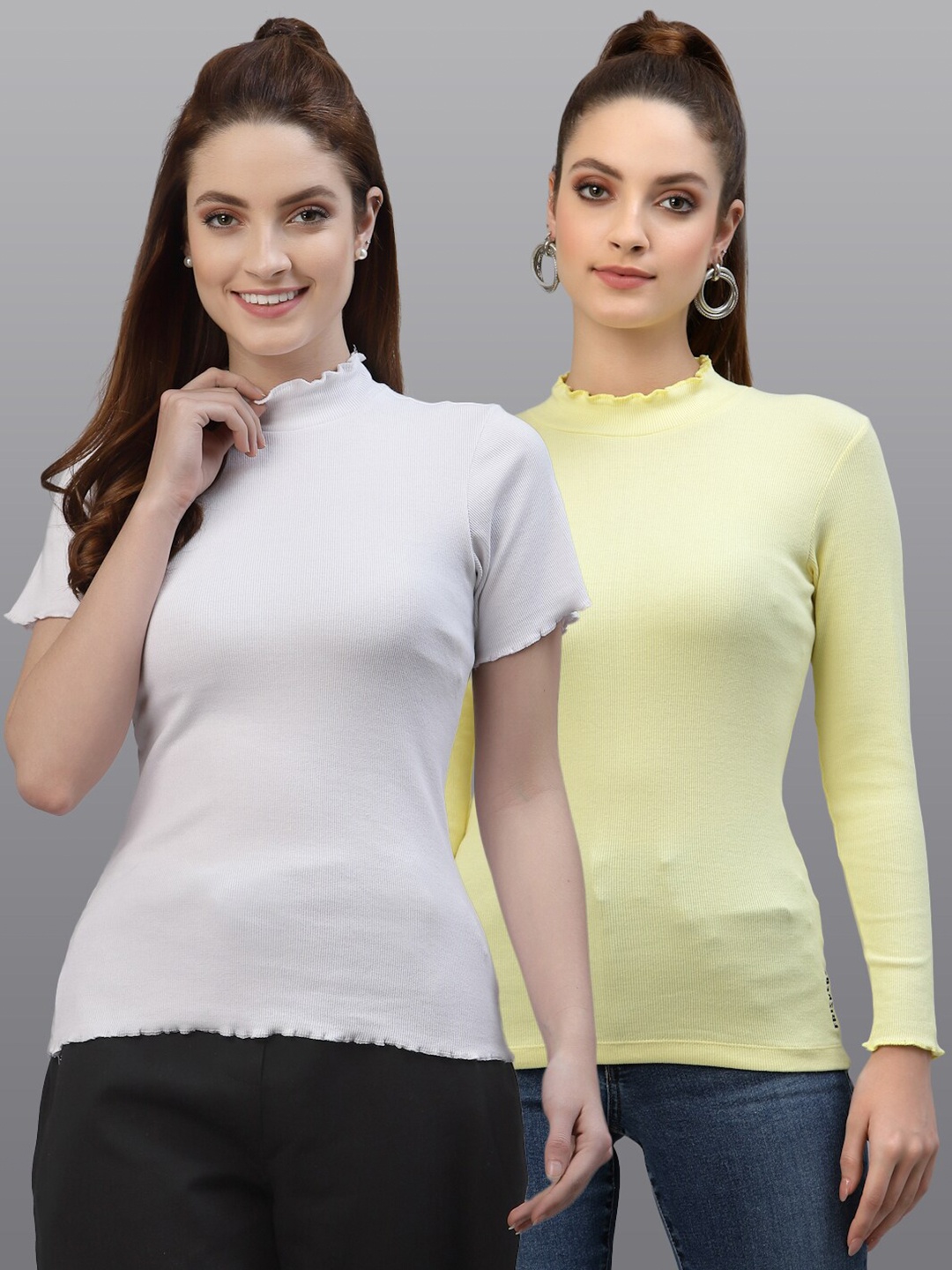 

Friskers Pack Of 2 White & Yellow Solid Fitted Top