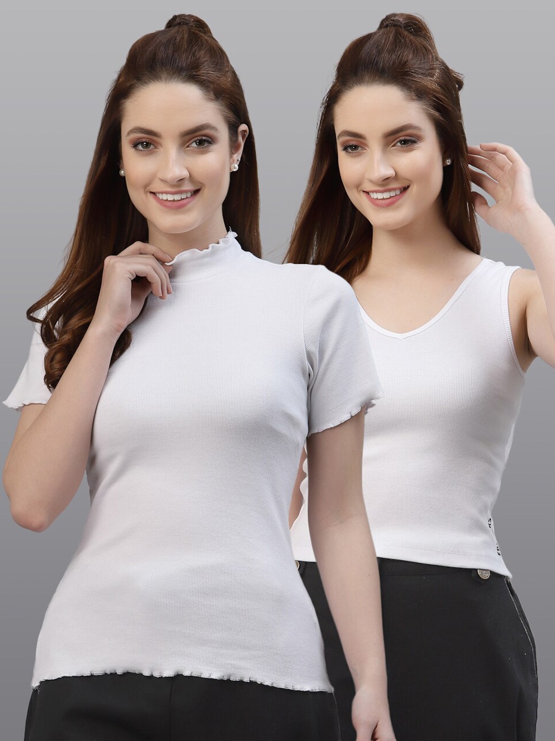 

Friskers Pack Of 2 Women White Solid V-Neck Fitted Tops