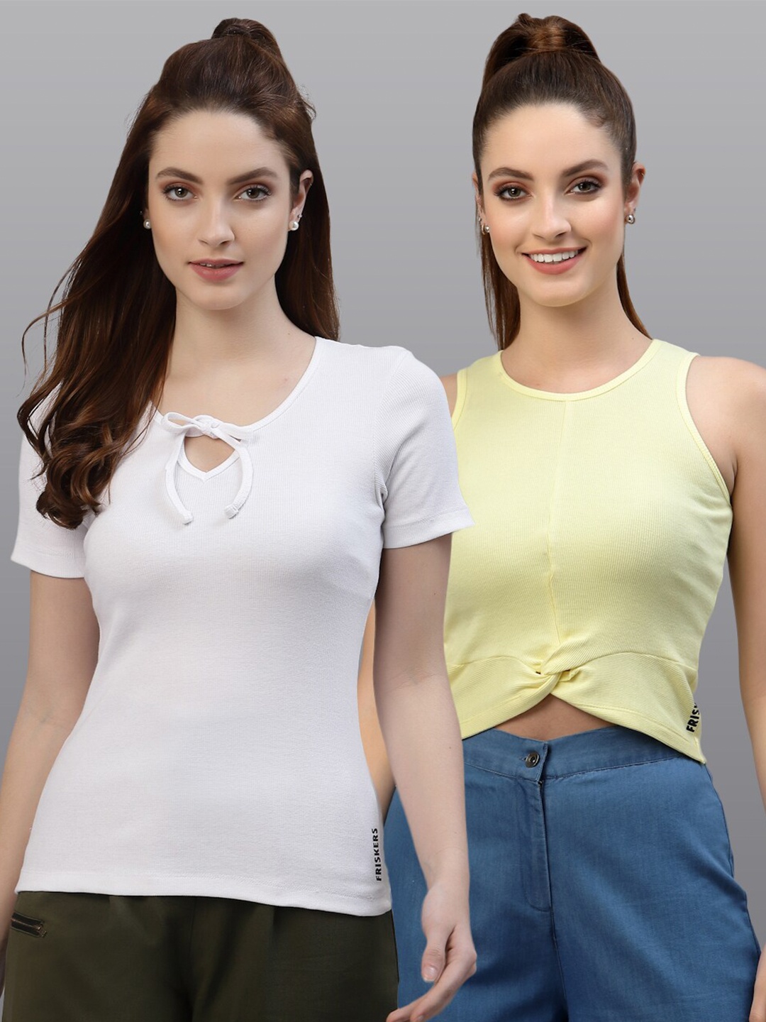 

Friskers Pack of 2 Women White & Yellow Keyhole Neck Top