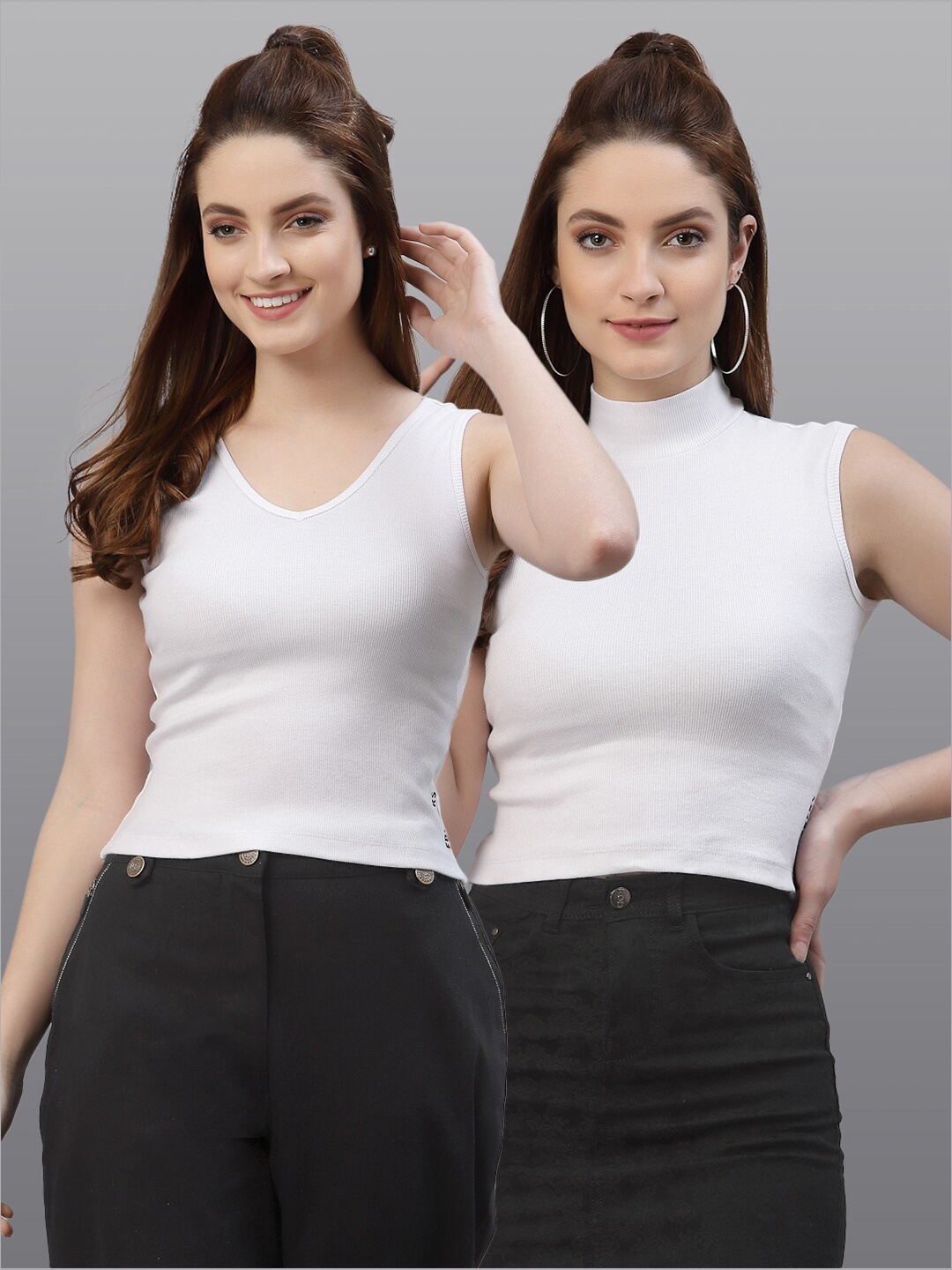 

Friskers Pack of 2 Women White Solid High Neck Top