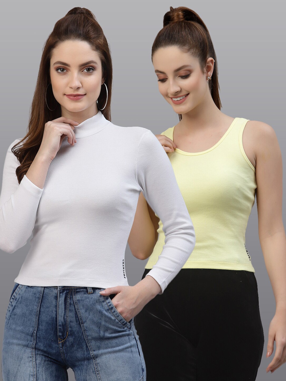 

Friskers White & Yellow Pack of 2 Solid Fitted Top