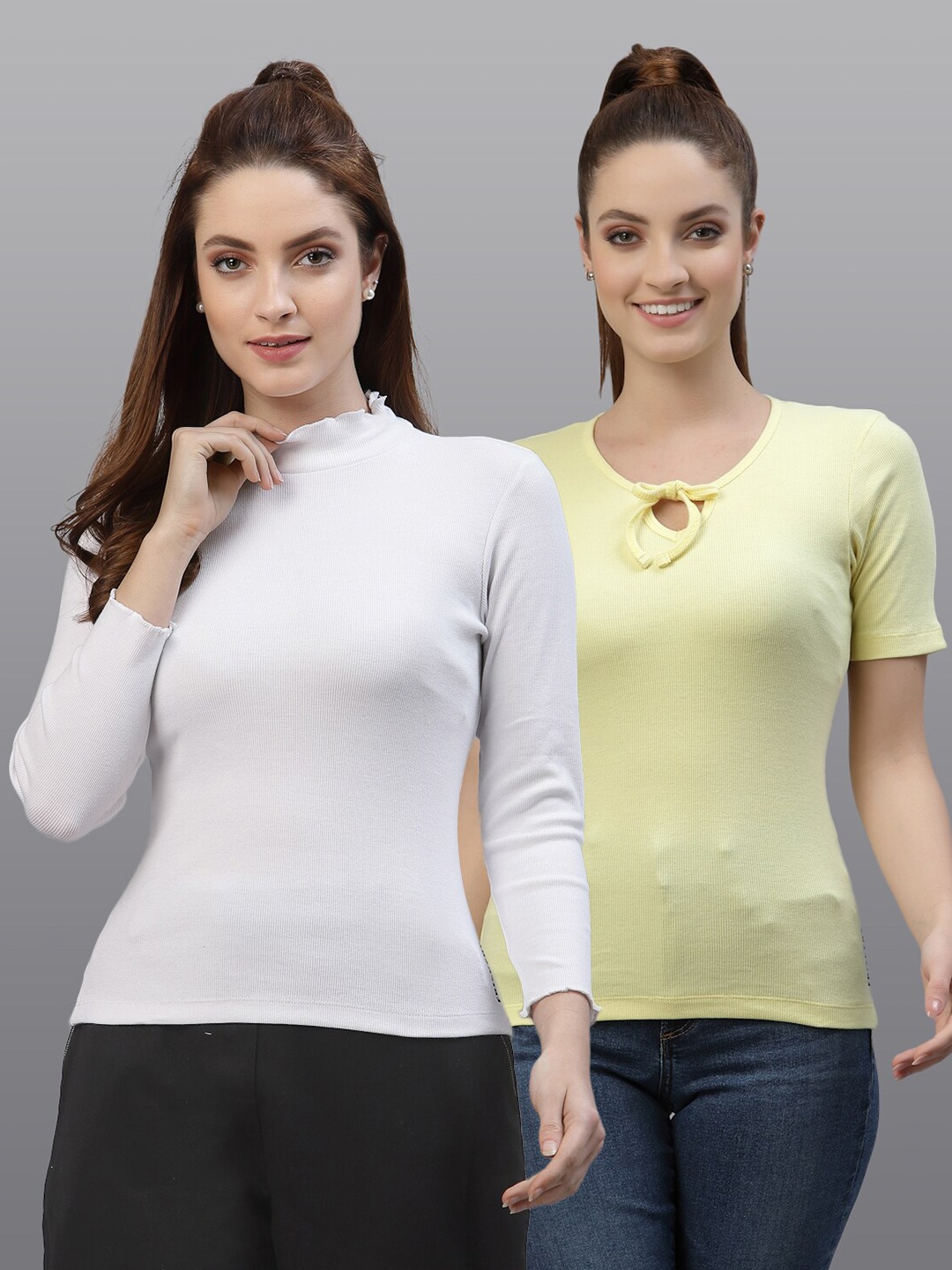 

Friskers Pack of 2 Women White & Yellow Solid Top