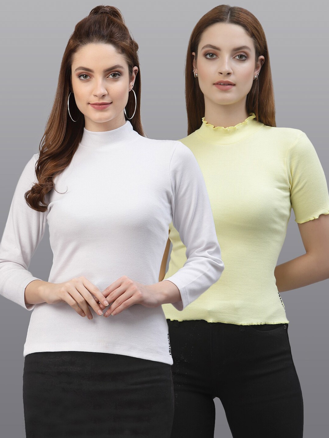 

Friskers Pack of 2 Women White & Yellow Solid High Neck Top