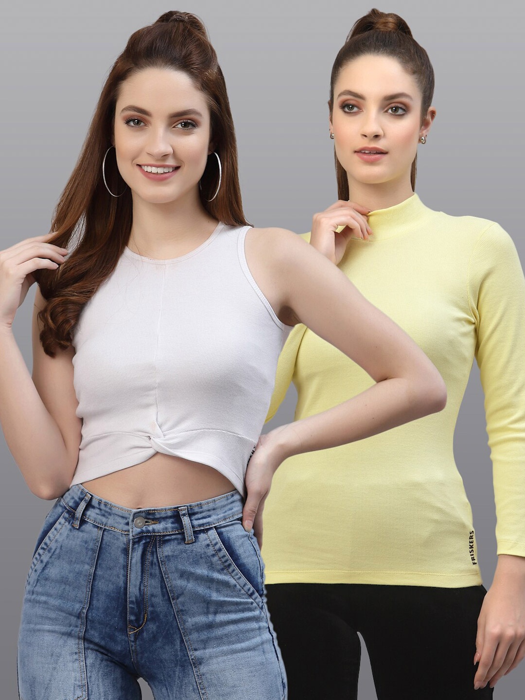 

Friskers Pack of 2 Women White & Yellow Solid Twisted Fitted Crop Top