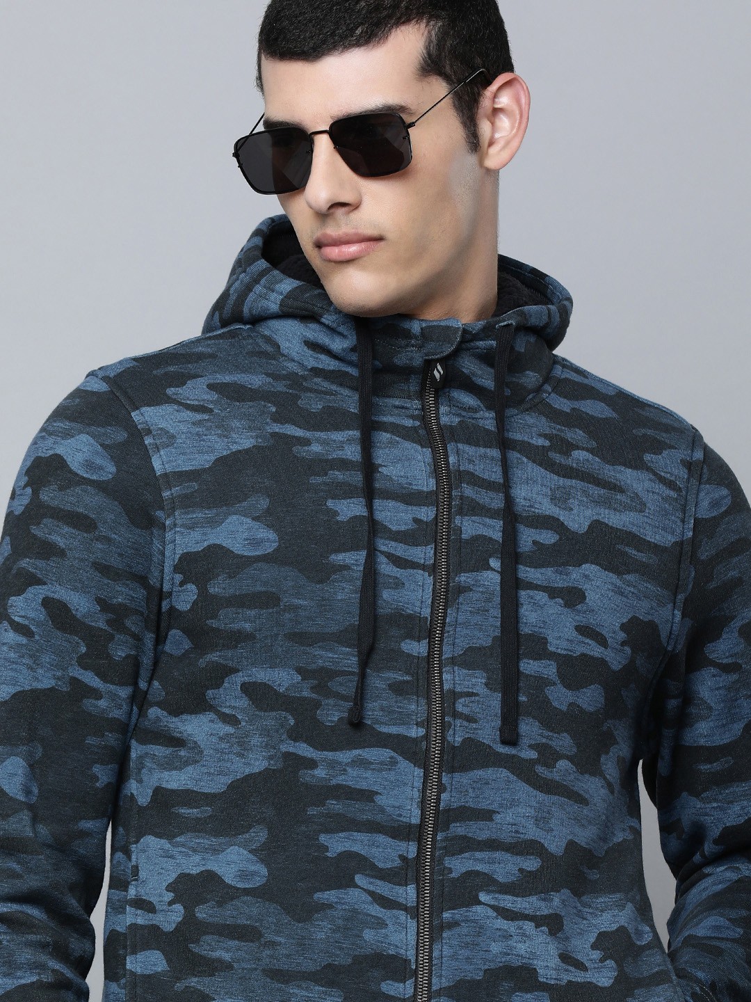 

Skechers Men Navy Blue Camouflage Print Skech-Sweats Lounge Sher Hooded Sweatshirt
