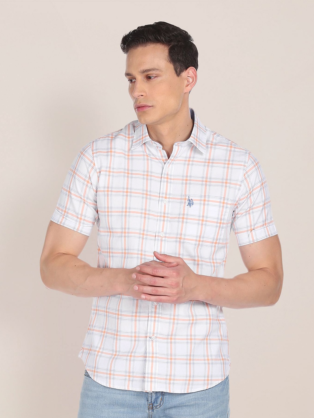

U S Polo Assn Men White Tailored Fit Checked Pure Cotton Casual Shirt