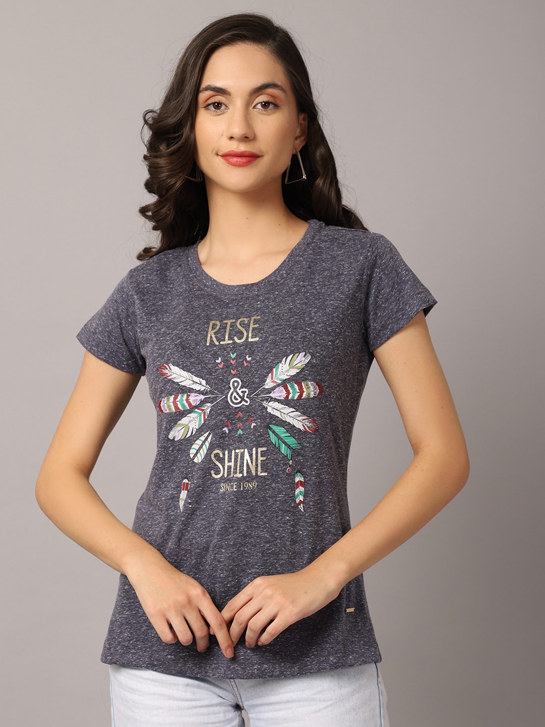 

Crozo By Cantabil Women Grey Typography Printed T-shirt
