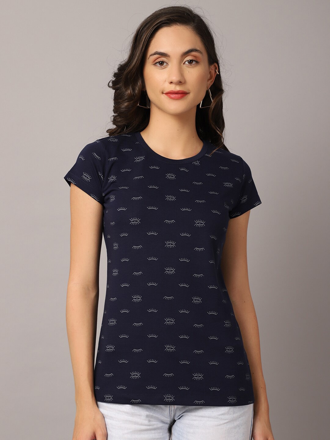 

Crozo By Cantabil Women Navy Blue Printed T-shirt