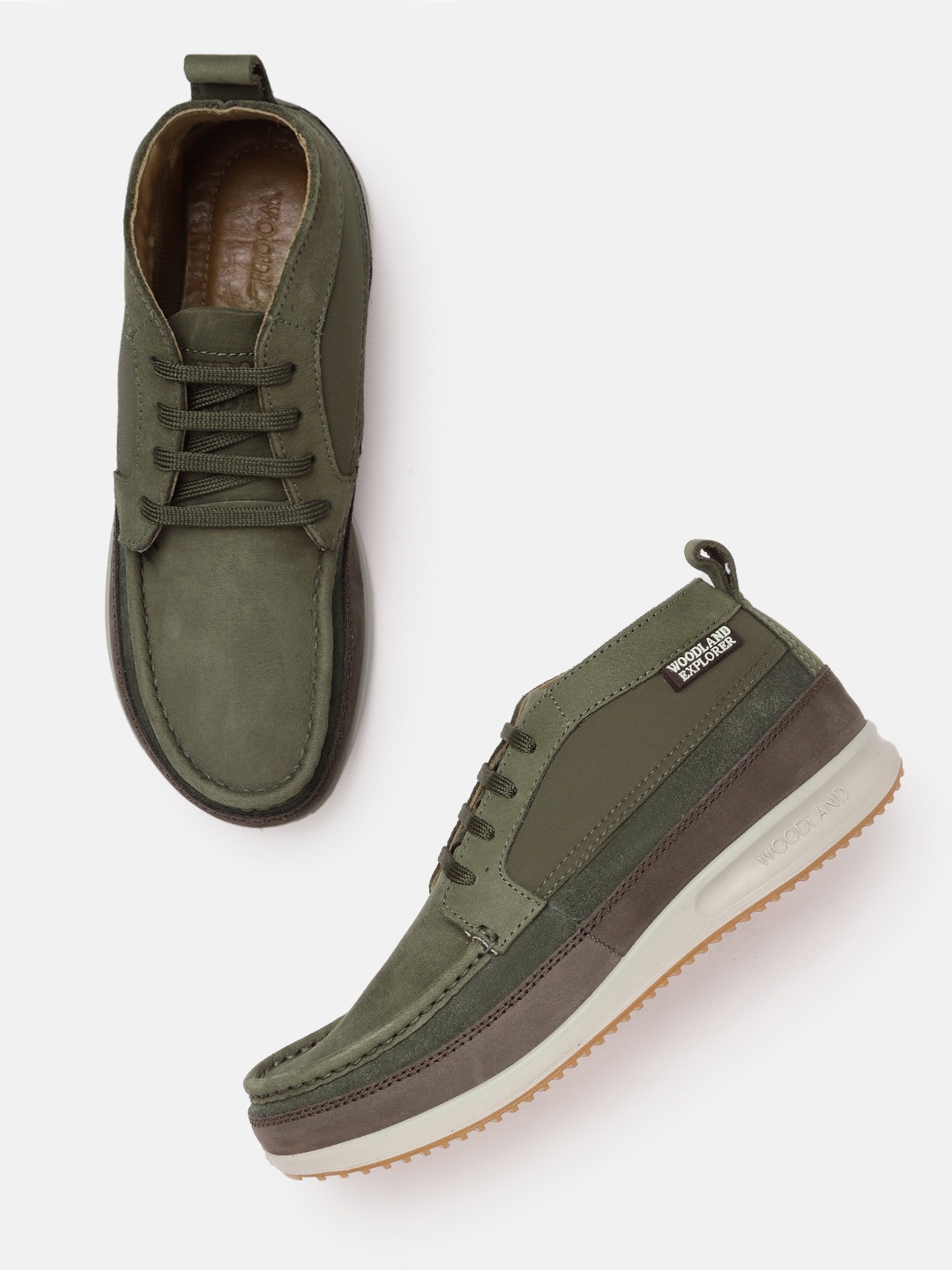 

Woodland Men Olive Green Solid Leather Sneakers