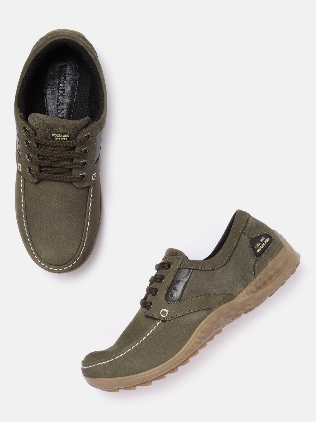 

Woodland Men Olive Green Solid Leather Sneakers